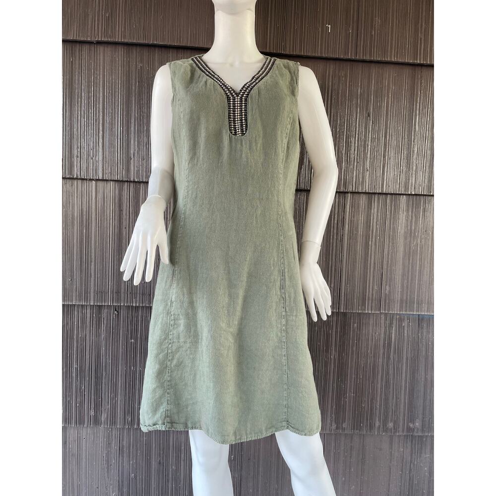 🔥Lina Tomei Made In Italy Linen Green Rhinestone Shift Dress Summer Resort Boho